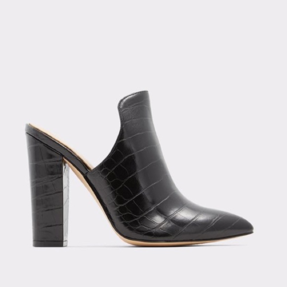 Aldo Black Croc-Embossed Pointed Toe Block Heel Mule